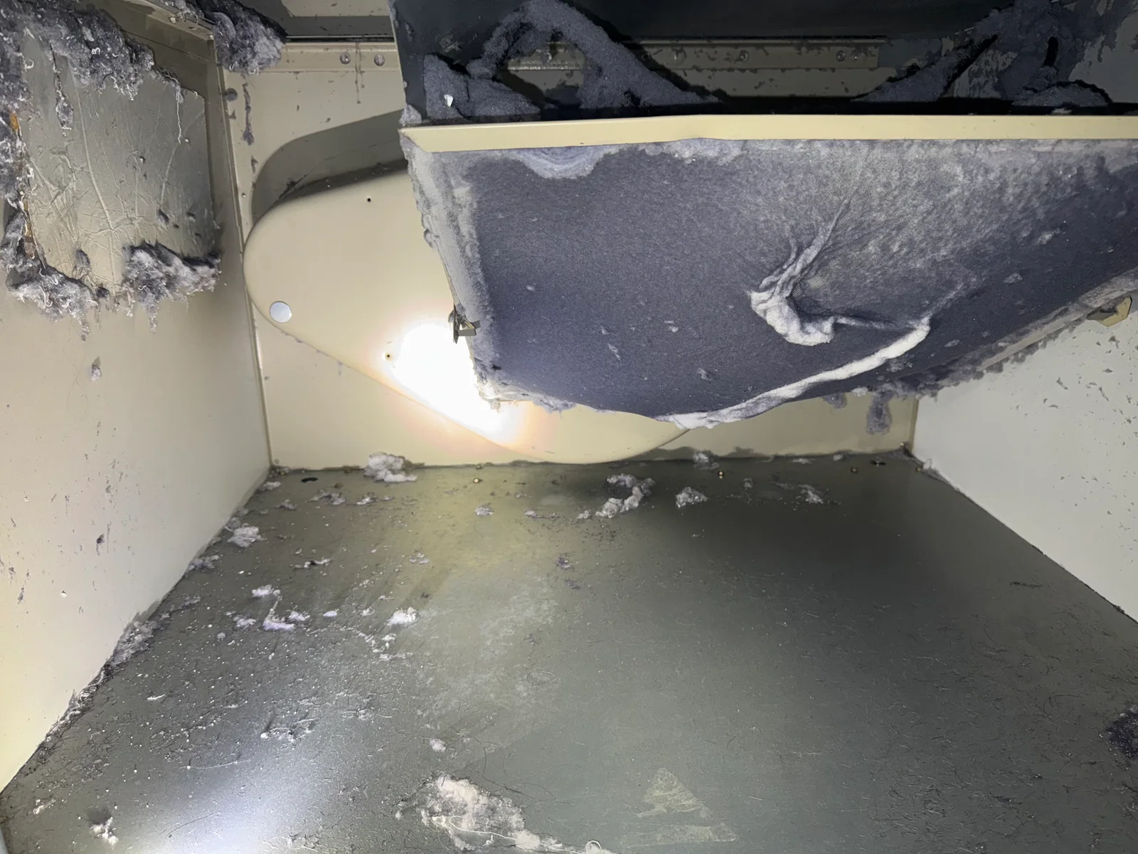 Second duct section before cleaning — heavy dust accumulation at Clackamas Town Center