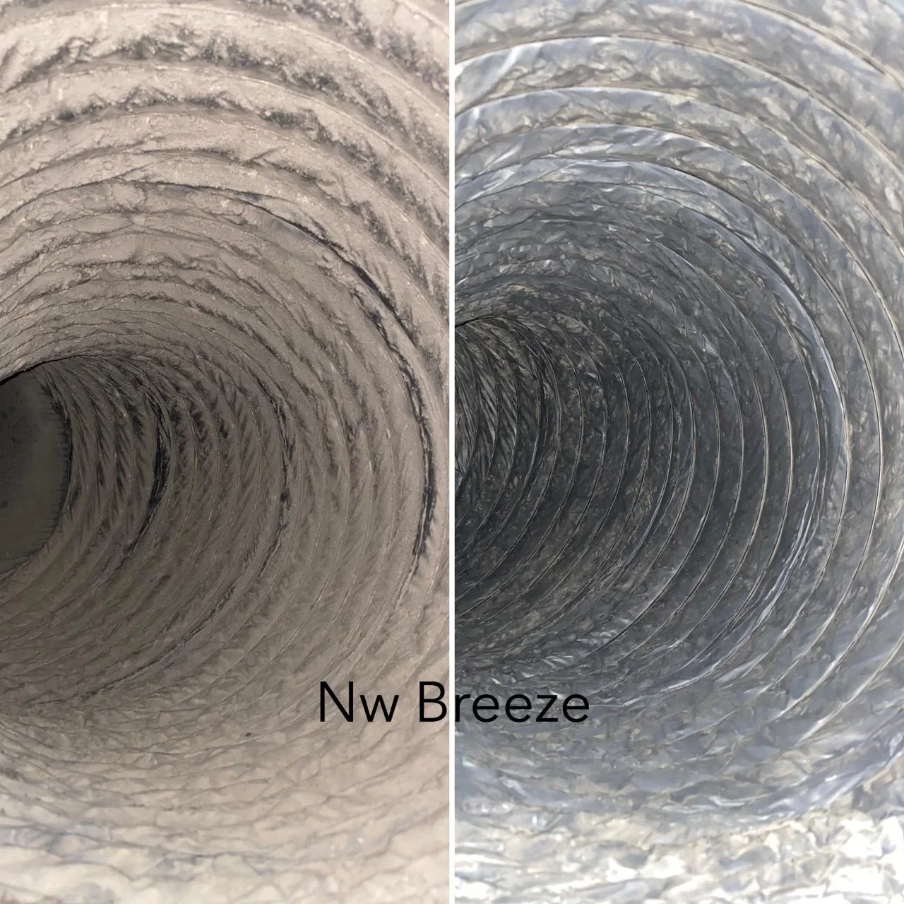 Before and after duct cleaning inside a hair salon — supply duct shown with heavy debris buildup on the left, clean duct on the right