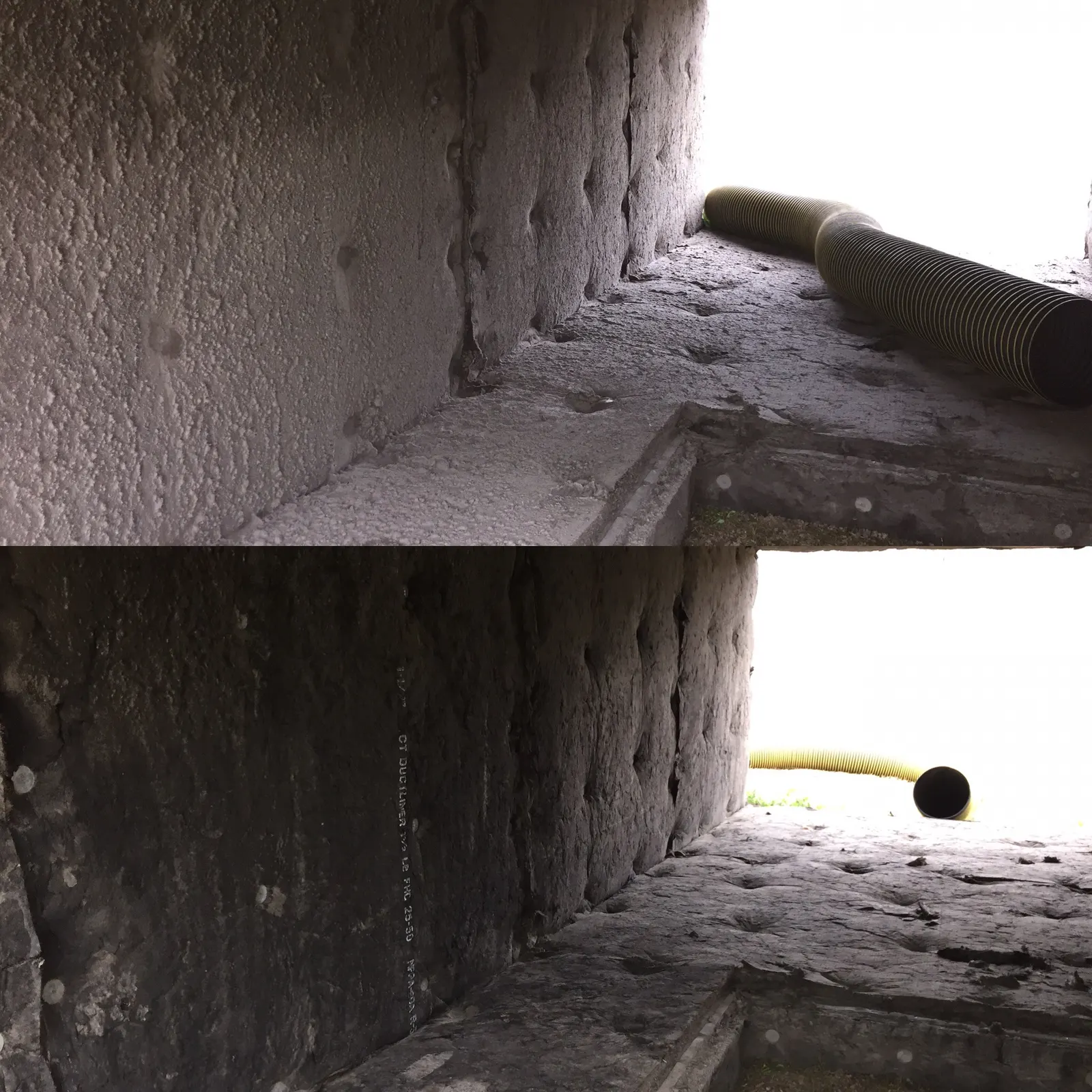 Large rectangular duct interior at Oregon State Penitentiary — before and after commercial air duct cleaning in one frame