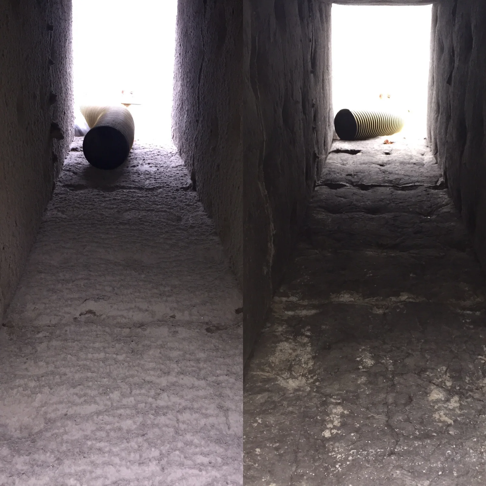 Second interior view of large duct before and after cleaning at Oregon State Penitentiary, Salem